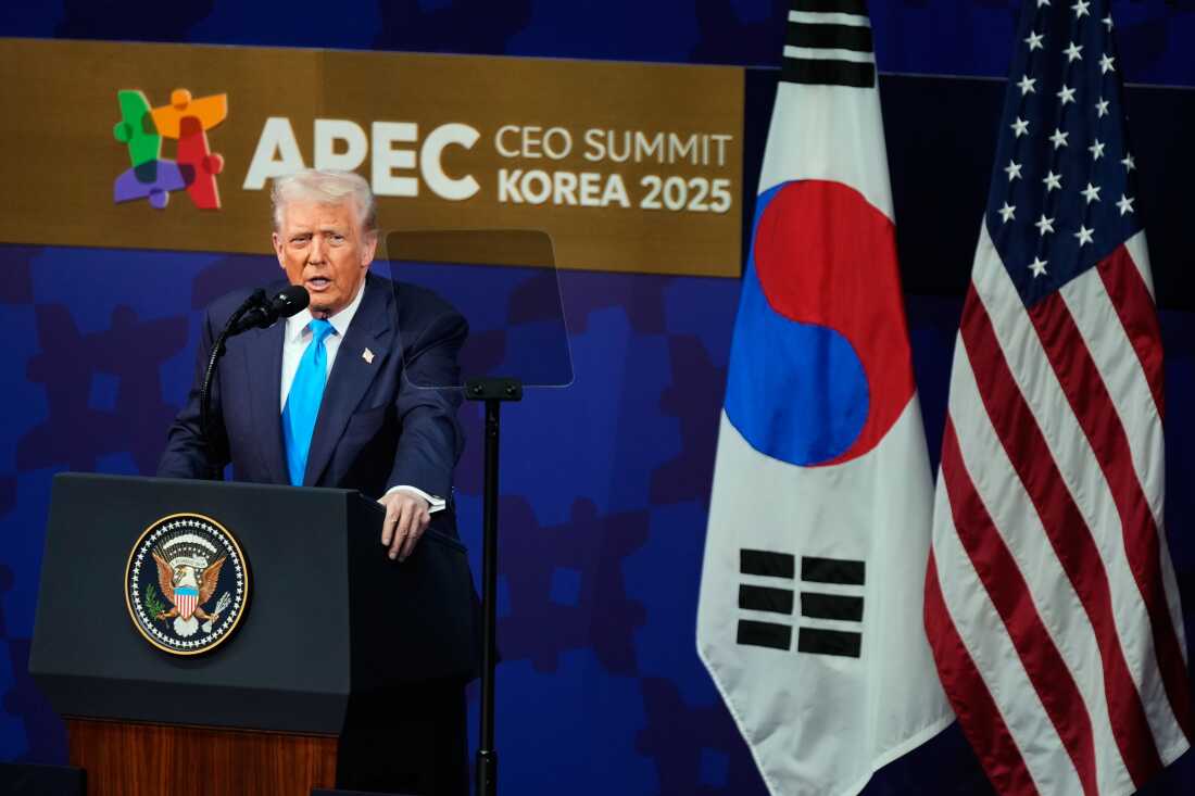 President Donald Trump speaks at an Asia Pacific Economic Cooperation (APEC) CEO luncheon in Gyoeongju, South Korea, Wednesday, Oct. 29, 2025.