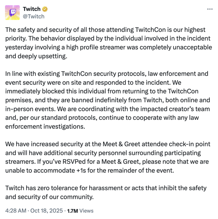The official Twitch X account issued a statement about streamer Emiru being assaulted at a meet-and-greet at Twitchcon, writing,