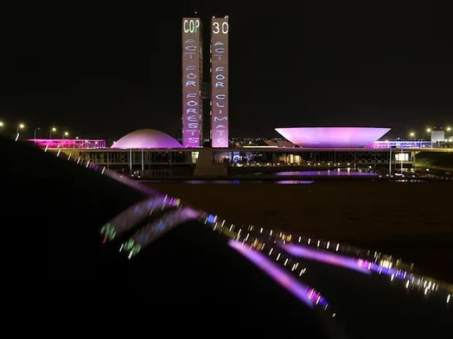 slogans are projected by greenpeace activists onto brazil s national congress to urge cop30 negotiators to protect forests and the amazon as part of efforts to combat the climate crisis in brasilia brazil october 11 2025 photo reuters