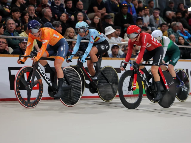 netherlands lorena wiebes leads the pack during the women s omnium iv event final at the 2025 uci track world championships in the penalolen velodrome in santiago photo afp