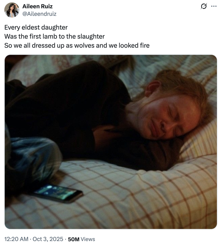 Also on October 3rd, 2025, X user @Aileendruiz tweeted a still from "All Too Well: The Short Film," a video released alongside the re-recording of the song originally featured on Taylor Swift