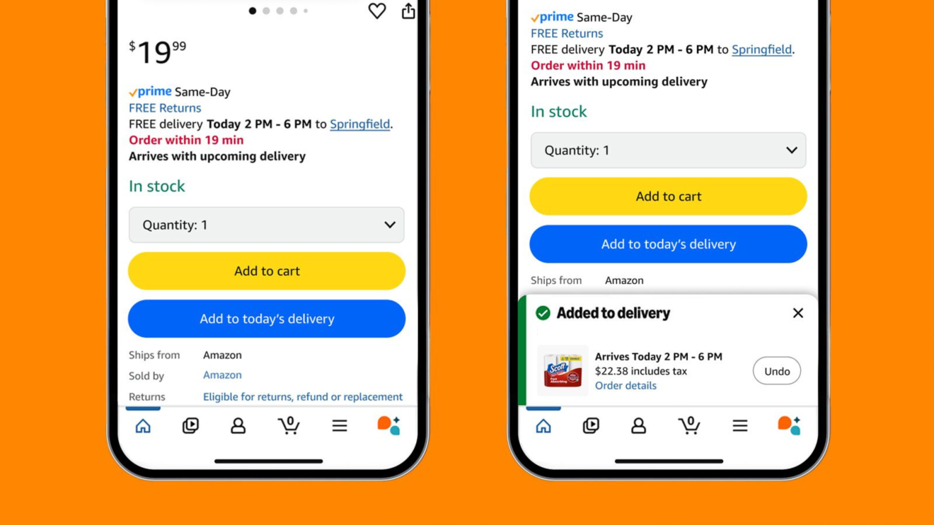 two screenshots side by side showing the Amazon app, allowing users to "add to today