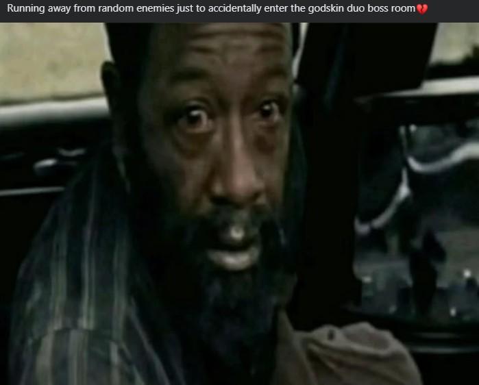 A Distraught Morgan Jones meme about the Godskin Duo boss in