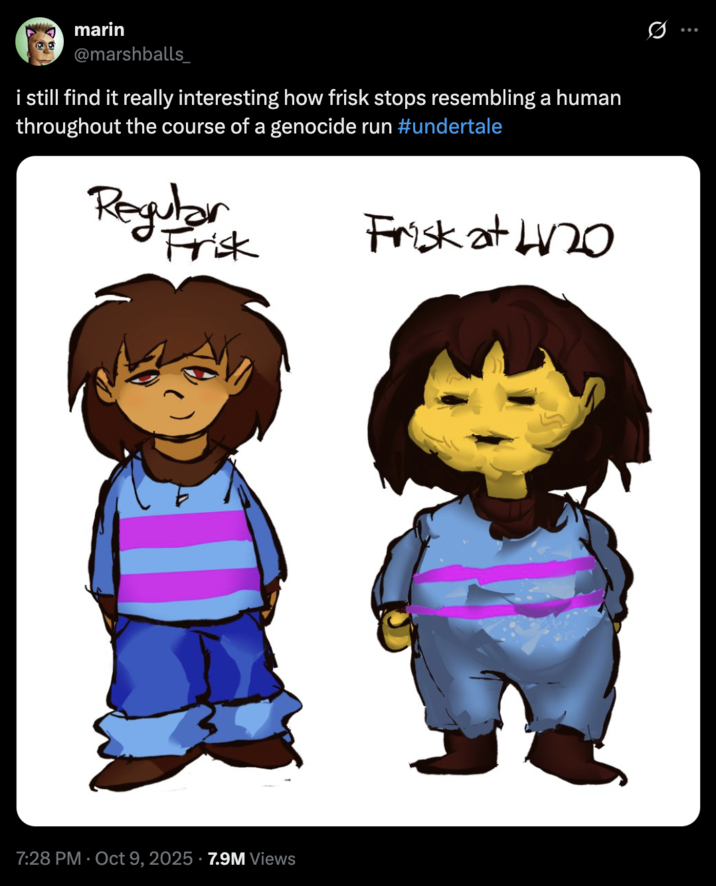 X user @marshballs_ tweeted fan art showing Frisk, the protagonist of _Undertale_, at at