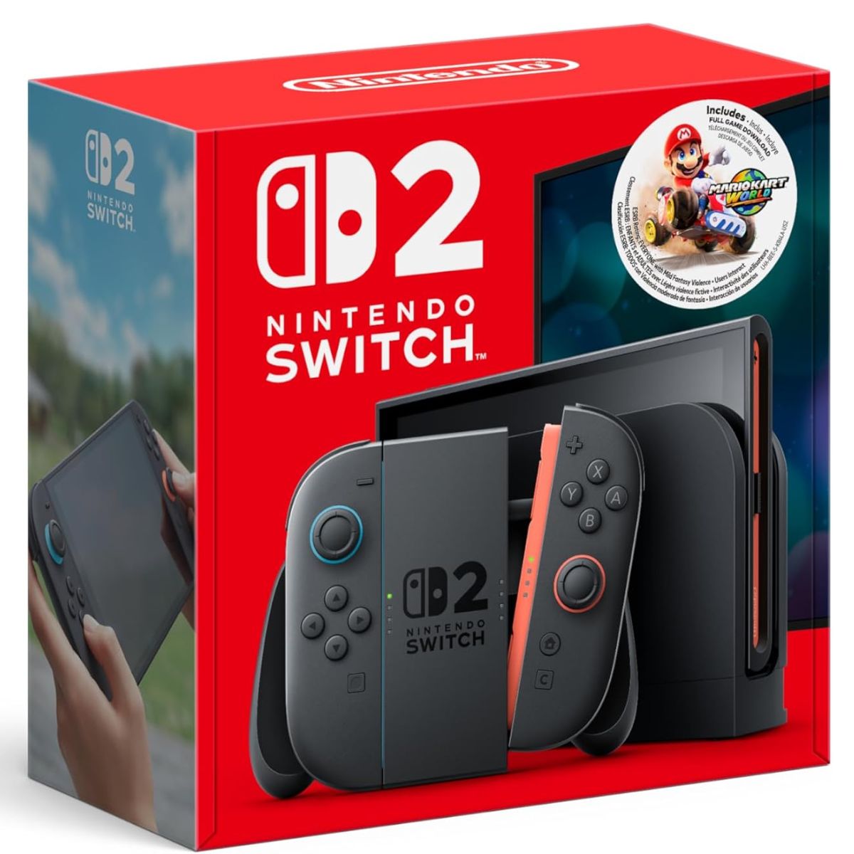 The Nintendo Switch 2 box with a Mario Kart World sticker