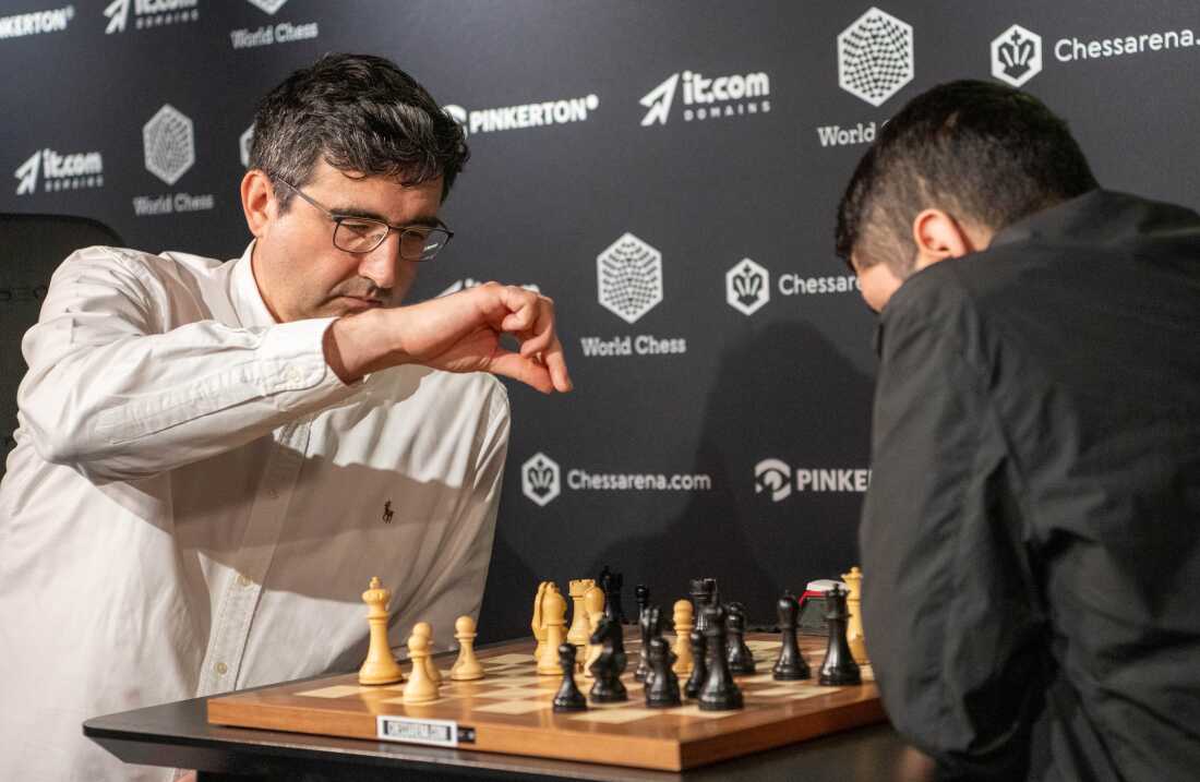 Chess Grandmasters Vladimir Kramnik (left) and José Martínez Alcántara face off at the World Chess Clash of Blames tournament on Aug. 19, 2024, in London. The International Chess Federation said Wednesday it is investigating Kramnik for allegations of cheating he levied at Daniel Naroditsky and other elite players.