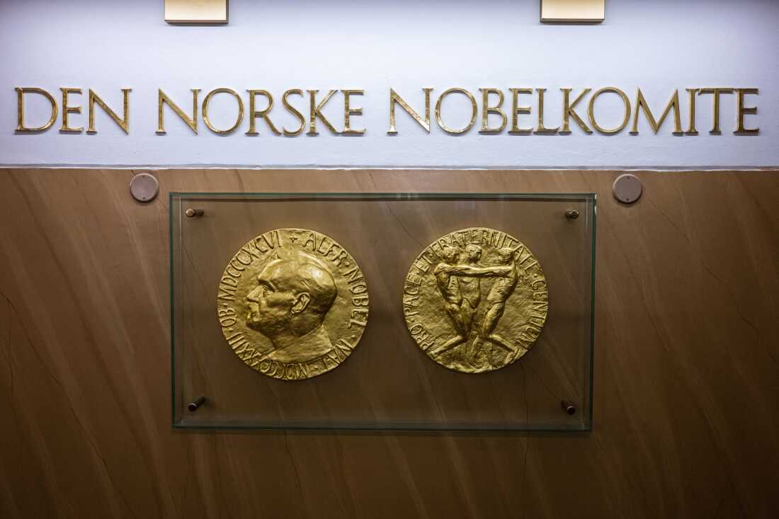 Replicas of the obverse and reverse of the Nobel Peace Prize medal displayed at The Norwegian Nobel Institute in Oslo.