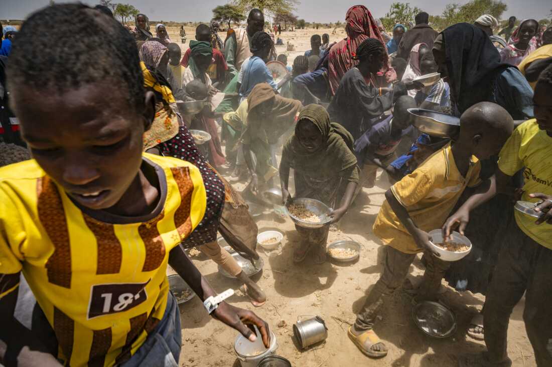 Sudanese refugees from Zamzam camp outside of El Fasher, in Darfur, receive food.