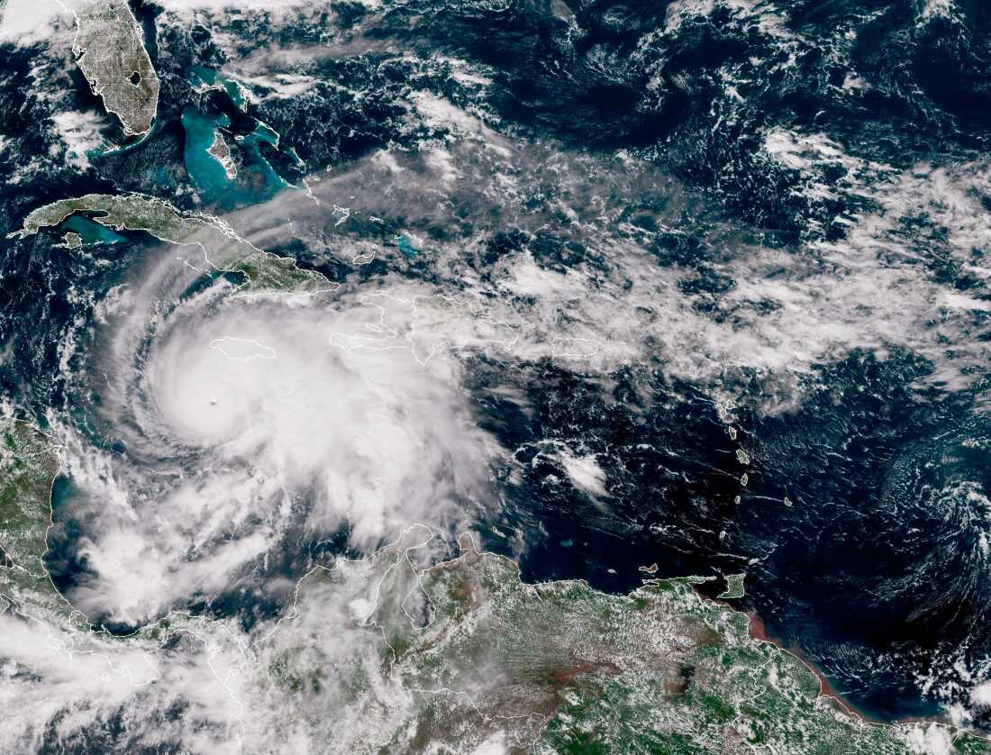 In this handout satellite image provided by the National Oceanic and Atmospheric Administration (NOAA), Hurricane Melissa churns northwest through the Caribbean Sea captured on Oct. 27.