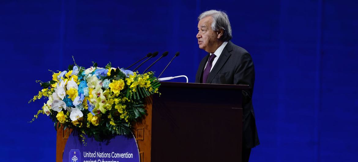 Secretary-General António Guterres addresses delegates at the signing ceremony.