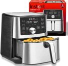 Stainless steel digital air fryer with basket filled with food