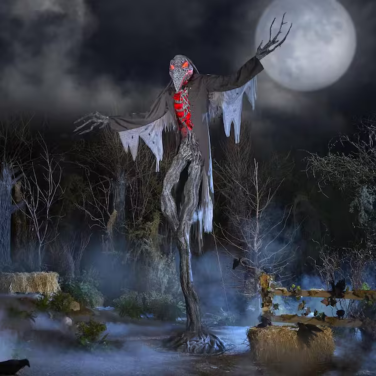 Home Depot giant Gally Crow animatronic in spooky yard