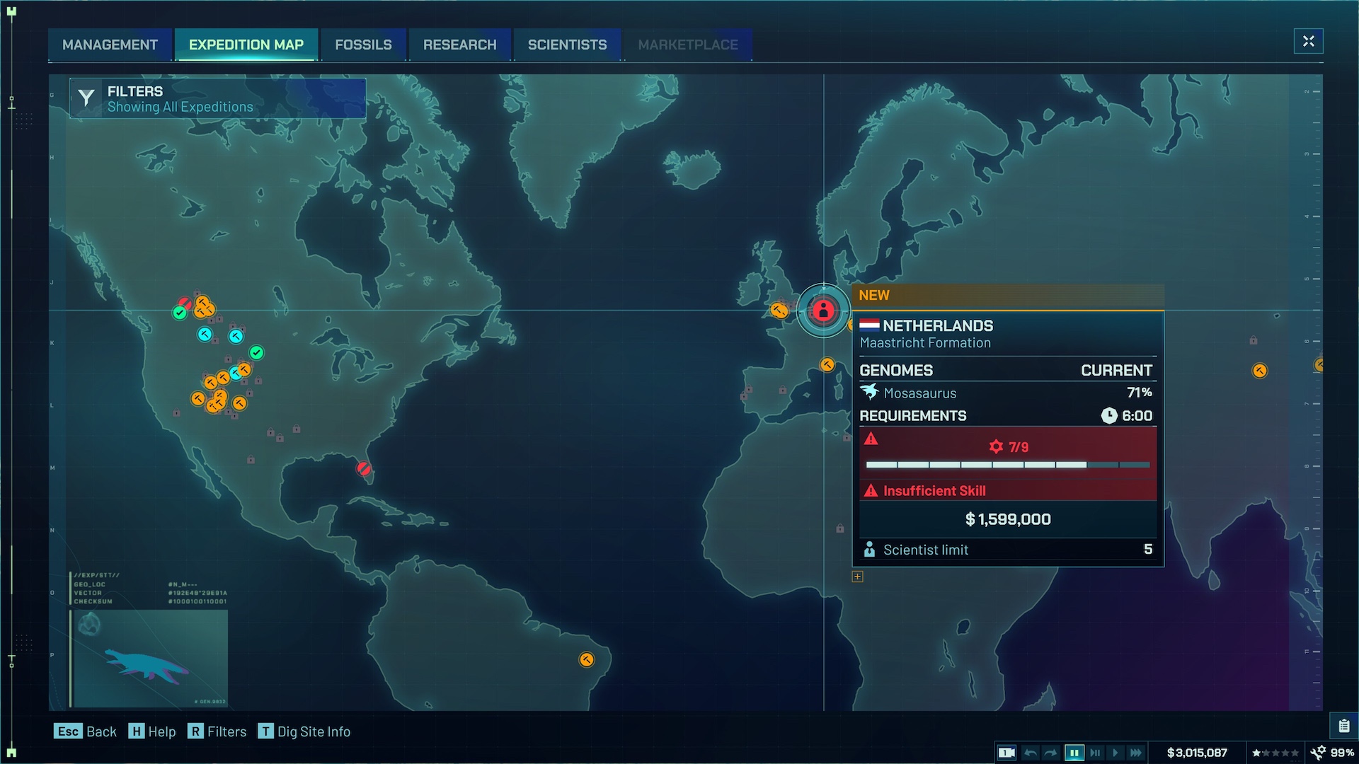 The Expedition screen in Jurassic World Evolution 3.