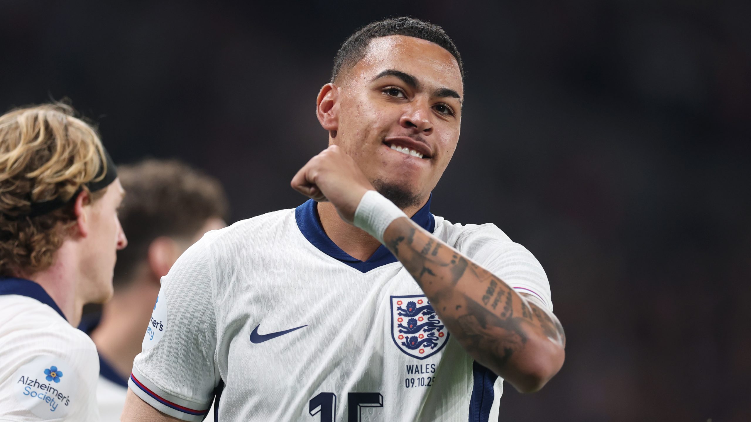 Morgan Rogers of England celebrates scoring his team's first goal during the International Friendly between England and Wales at Wembley Stadium on October 09, 2025 in London, England.