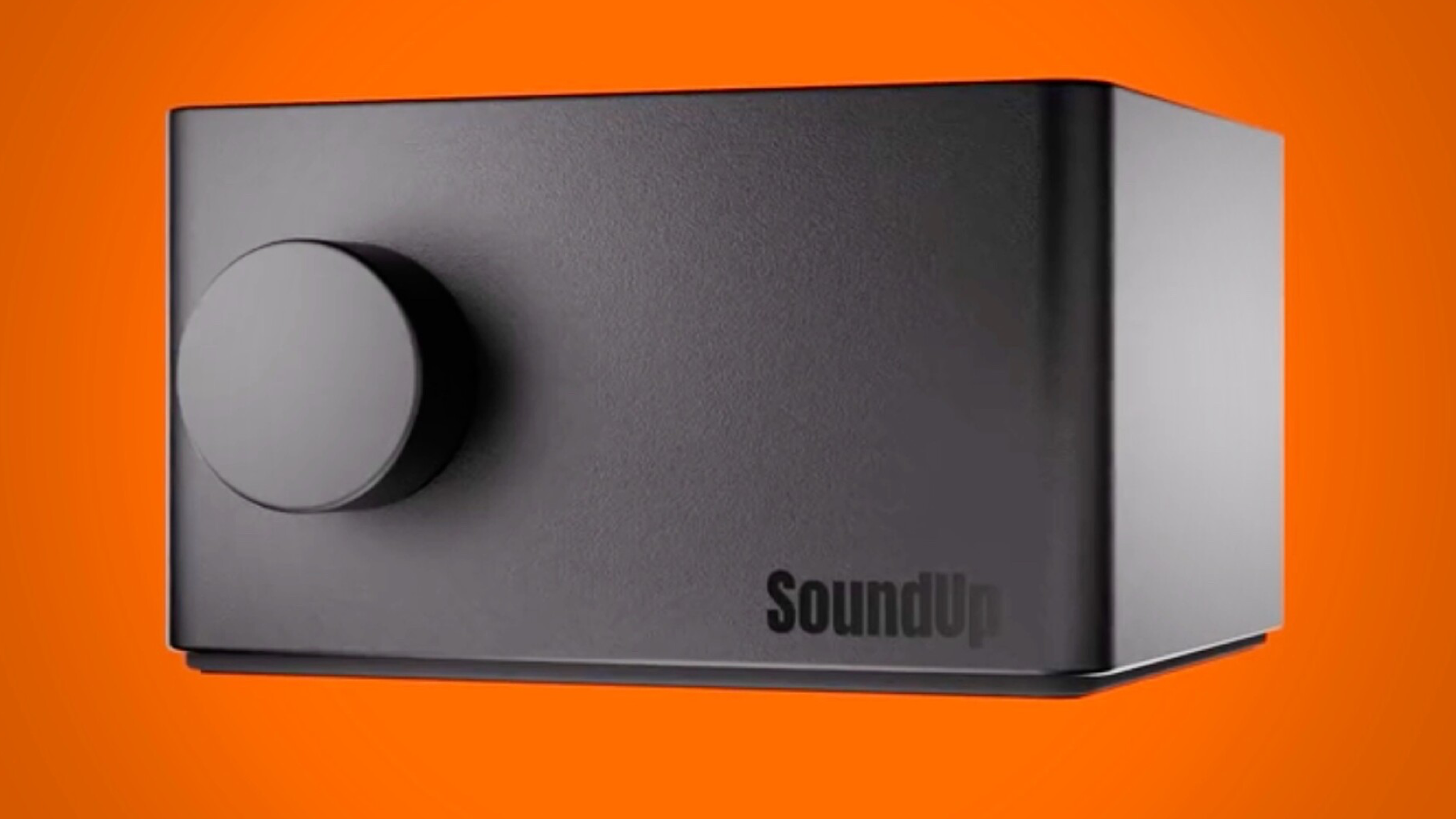 The SoundUp portable Bluetooth amplifier against an orange background