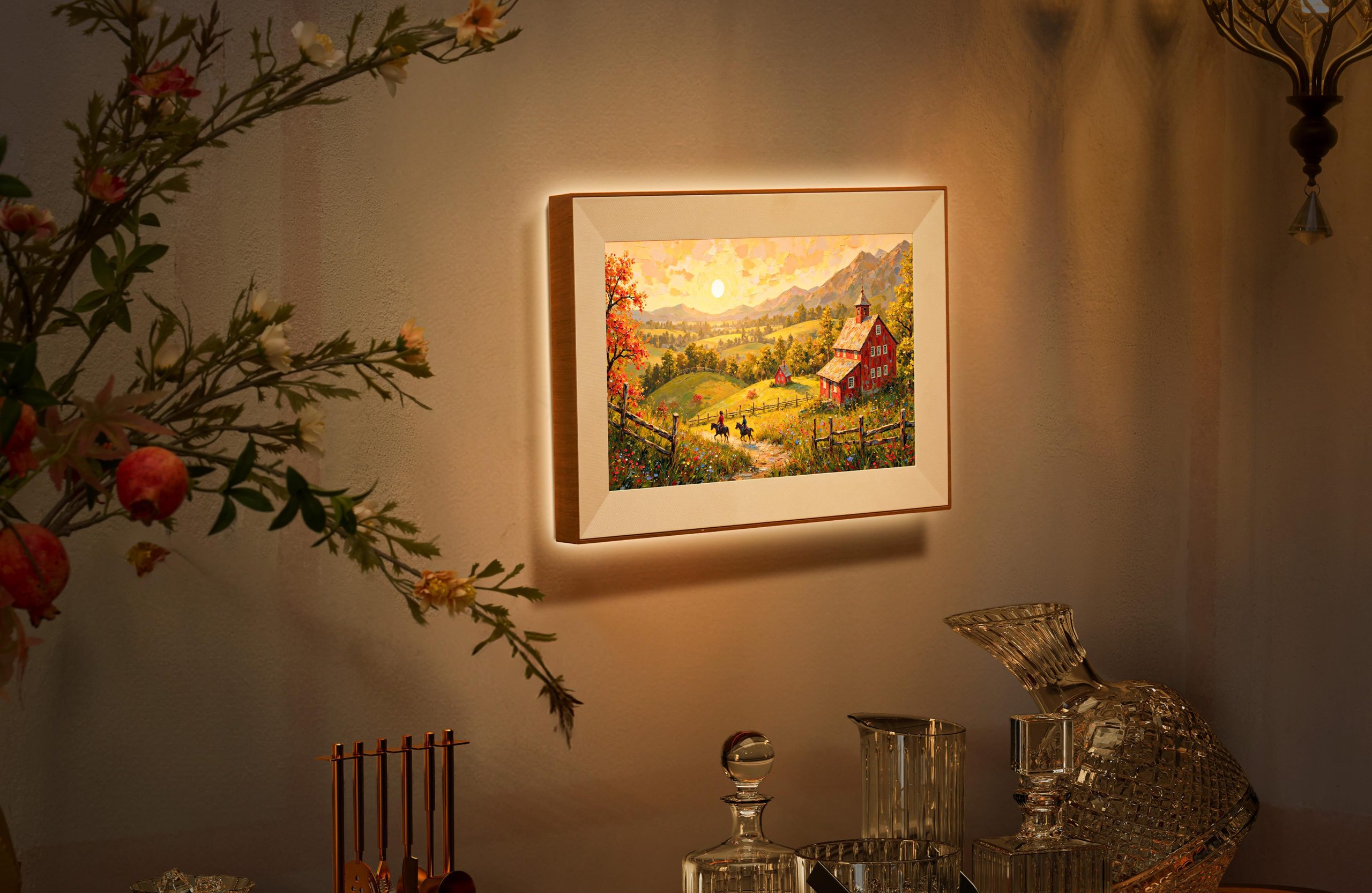 Pexar Starlight digital photo frame mounted to a wall at night, illuminating the wall