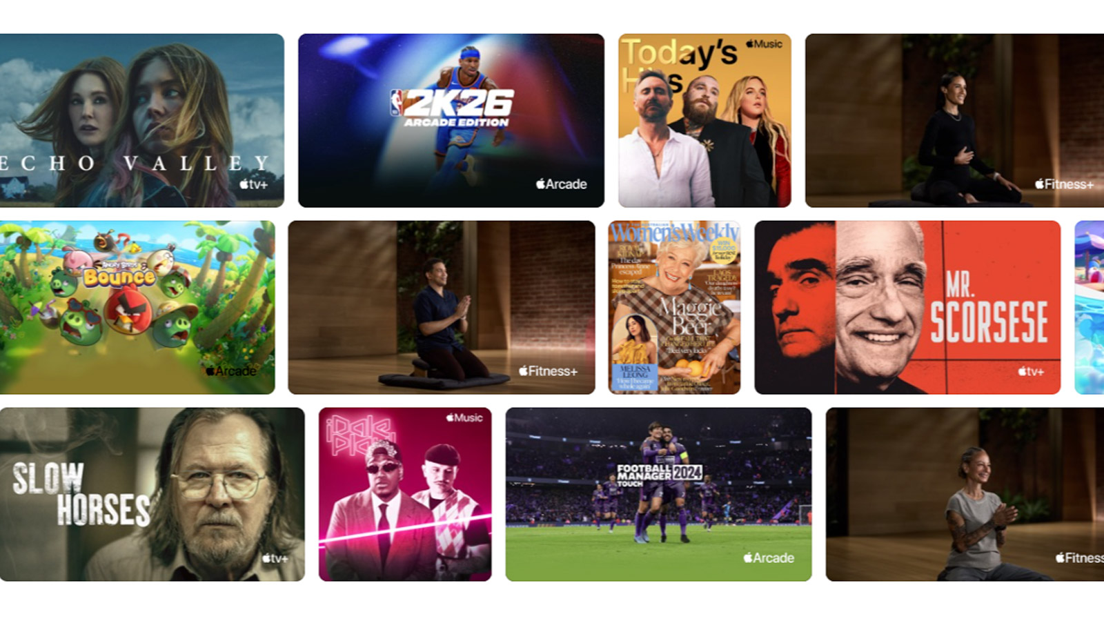 Apple content including music, TV shows and games, included with Apple One subscription.