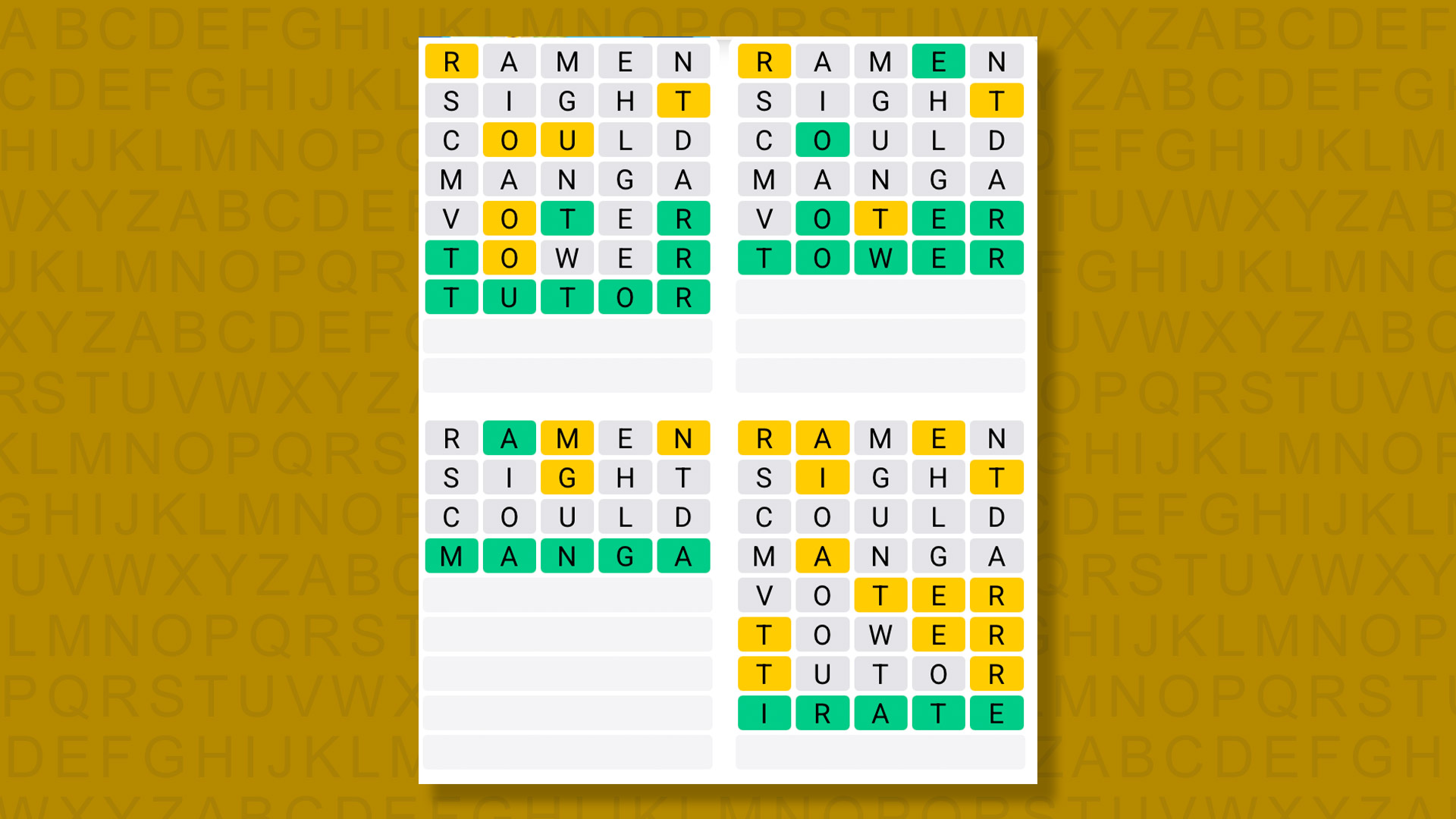 Quordle answers for game 1372 on a yellow background