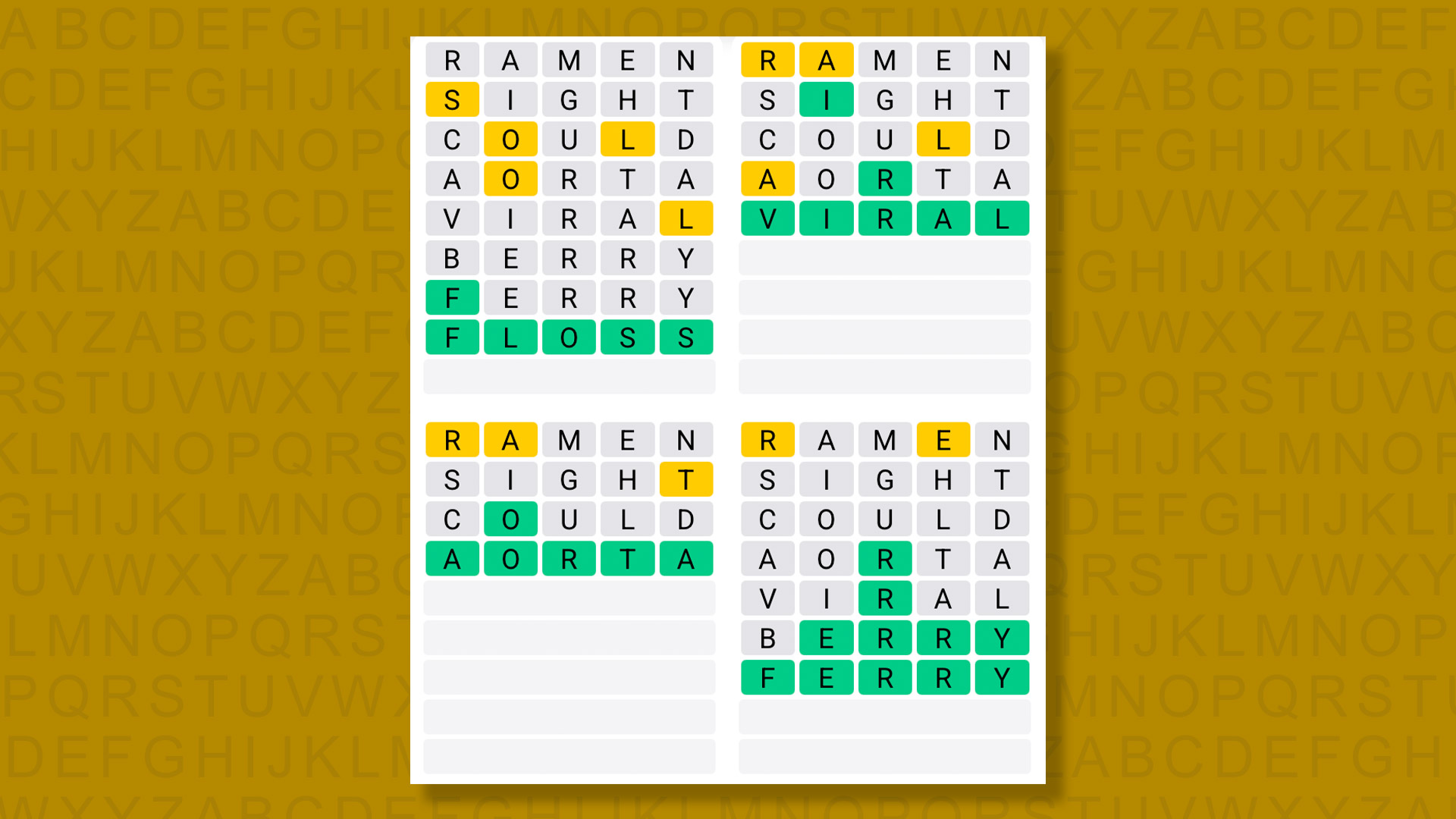 Quordle Daily Sequence answers for game 1368 on a yellow background