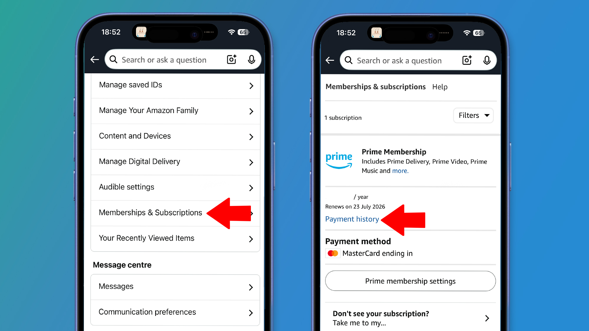 Two phones on a green and blue background showing the Amazon app settings