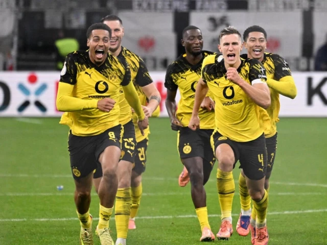 borussia dortmund players celebrate after knocking eintracht frankfurt out of the german cup on penalties photo afp